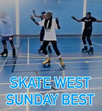 4 Skaters dancing, graphics title "Skate West, Sunday Best"