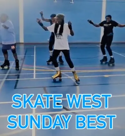 4 Skaters dancing, graphics title "Skate West, Sunday Best"